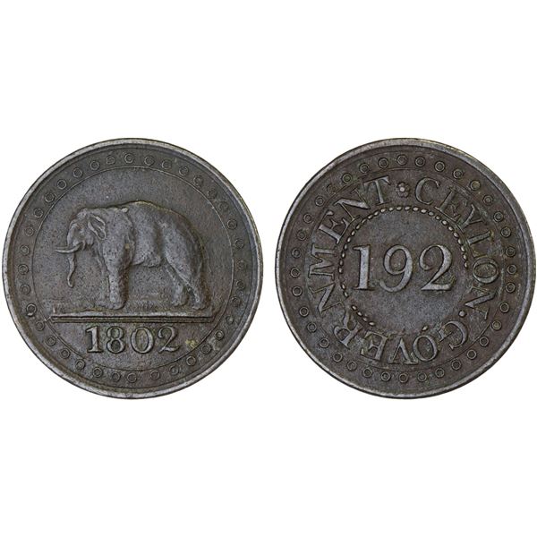 CEYLON: George III, 1802-1820, AE 1/192 rixdollar, 1802, XF