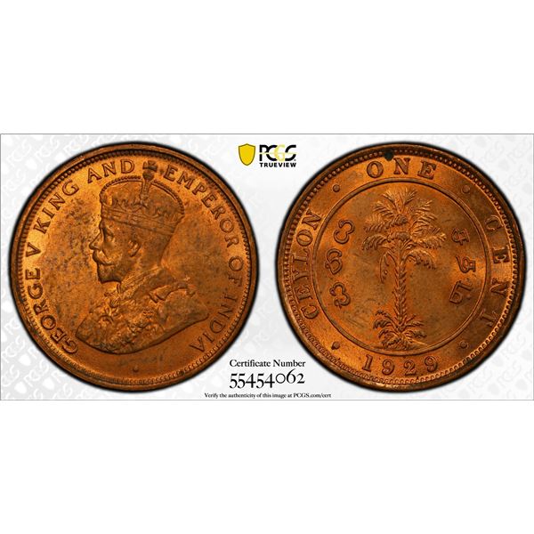 CEYLON: George V, 1910-1936, AE cent, 1929, PCGS MS63 RD