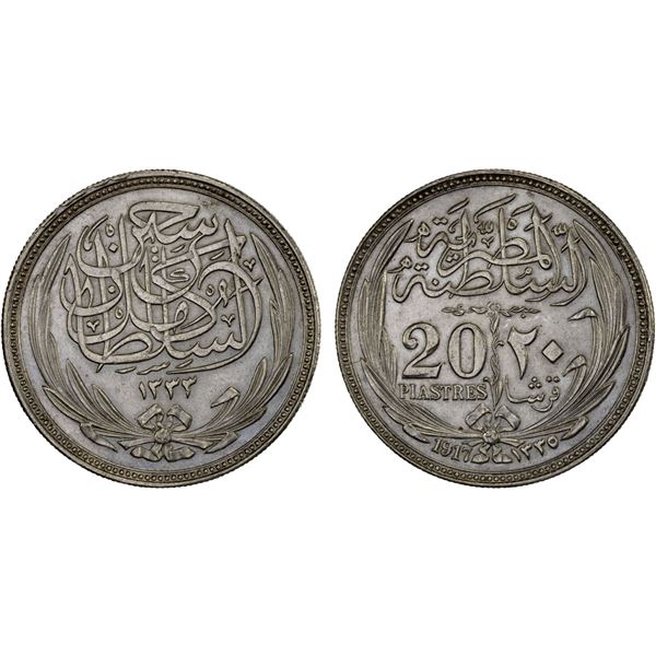 EGYPT: Hussain Kamil, 1914-1917, AR 20 piastres, 1917/AH1335, AU
