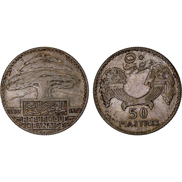 LEBANON: French Mandate, AR 50 piastres, 1933, XF