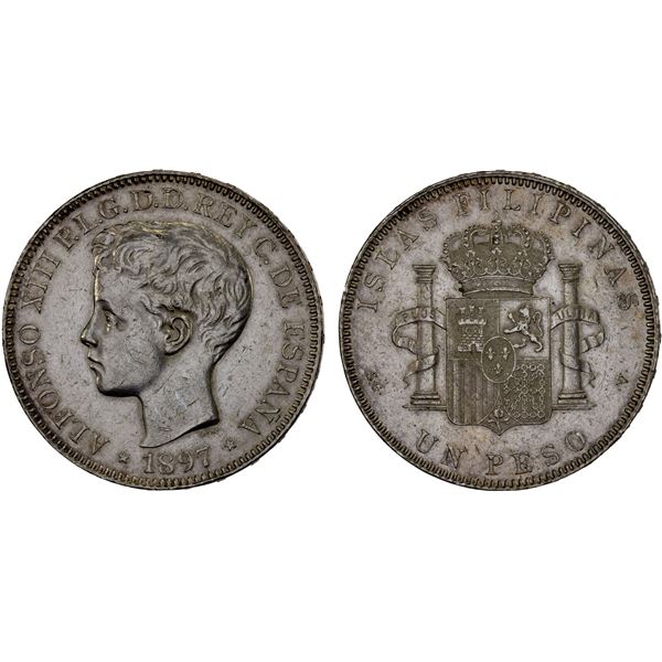 PHILIPPINES: Alfonso XIII, 1886-1898, AR peso, 1897, XF
