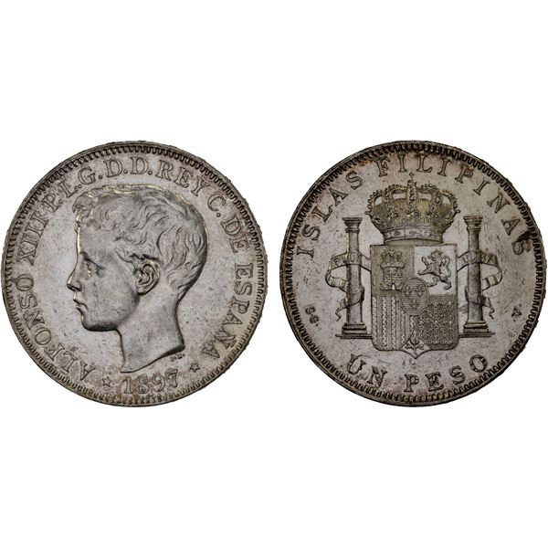 PHILIPPINES: Alfonso XIII, 1886-1898, AR peso, 1897, Choice XF