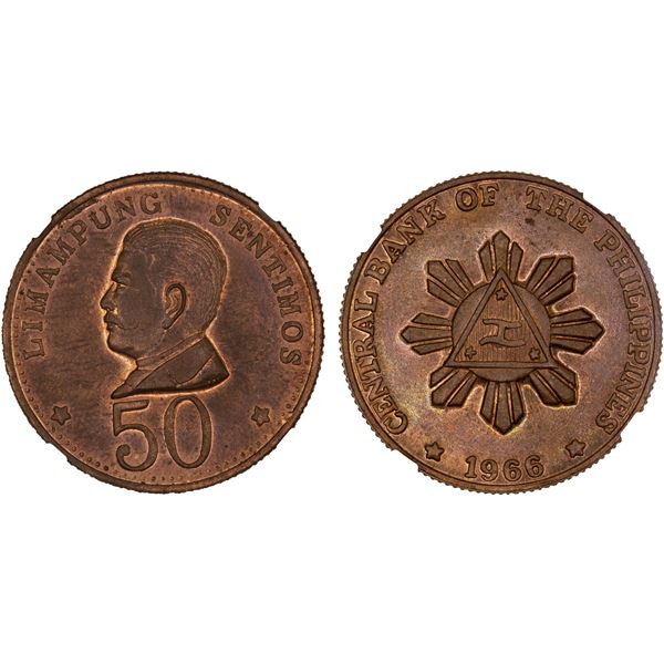 PHILIPPINES: Republic, AE 50 sentimos, 1966, NGC MS64 RB