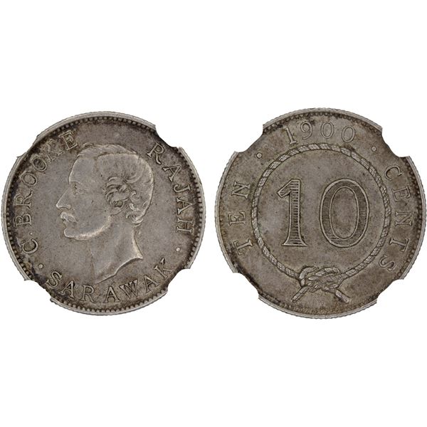 SARAWAK: Charles J. Brooke, rajah, 1868-1917, AR 10 cents, 1900-H, NGC AU58