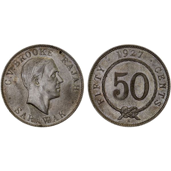 SARAWAK: Charles V. Brooke, 1917-1946, AR 50 cents, 1927-H, XF-AU