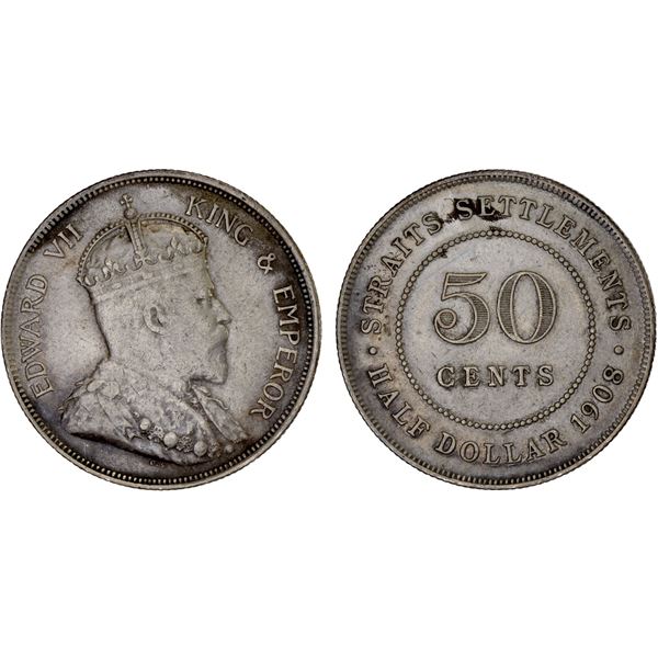 STRAITS SETTLEMENTS: AR 50 cents, 1908, VF
