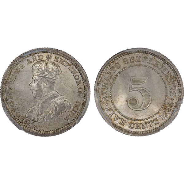 STRAITS SETTLEMENTS: George V, 1901-1936, AR 5 cents, 1935, PCGS MS65