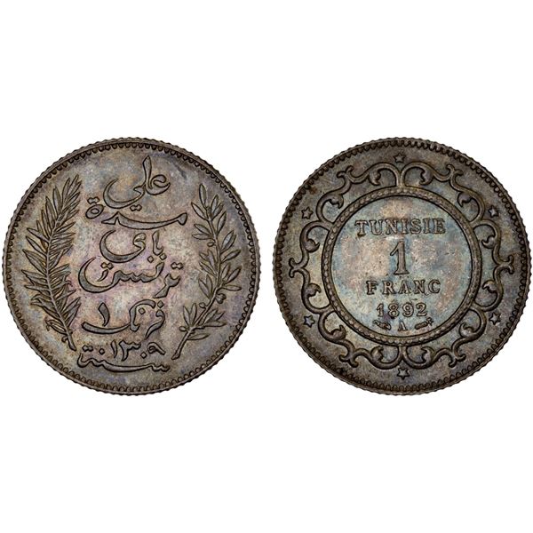 TUNISIA: French, AR franc, 1892-AH1309-A, choice AU