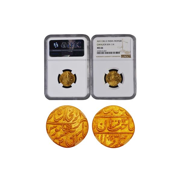 India, Gwalior State Jankoji Rao Gold Mohur – AH1130/RY02 Lashkar Mint, MS66 Top-Pop, Very 