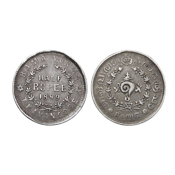 India, Travancore State Sree Moolam Thirunal Rama Varma Silver ½ Rupee 1889 AD – Extra Fine