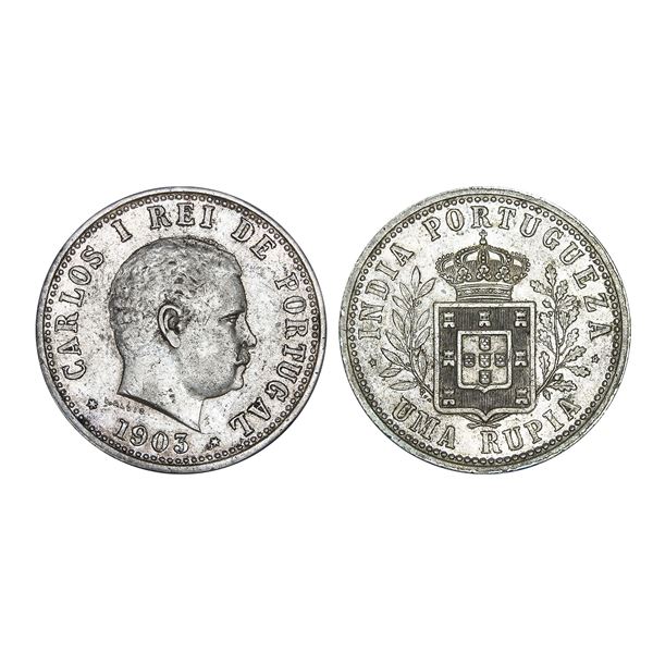 Portuguese India Carlos I Silver Uma Rupia 11.60 g – Extra Fine+, Rare in this Condition