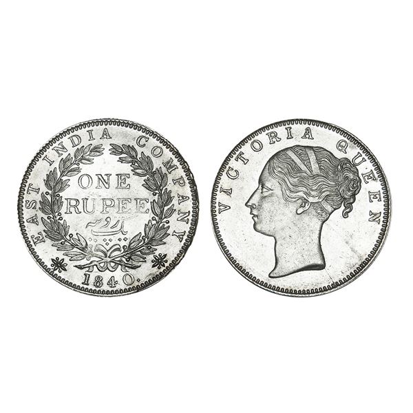 East India Company Victoria Queen Silver Rupee 1840 Bombay Mint – Mint State, Very Scarce