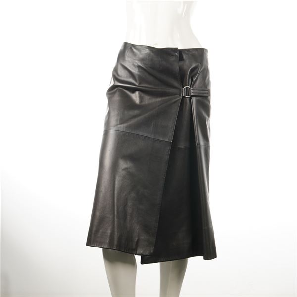 Prada Italy Black Leather Flared Wraparound Skirt w/ Side Buckle