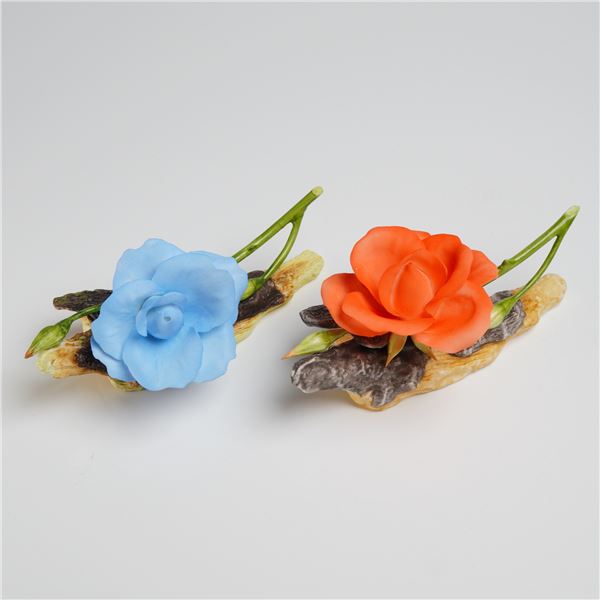 2pc Boehm Bone Porcelain Floral Rose Sculptures