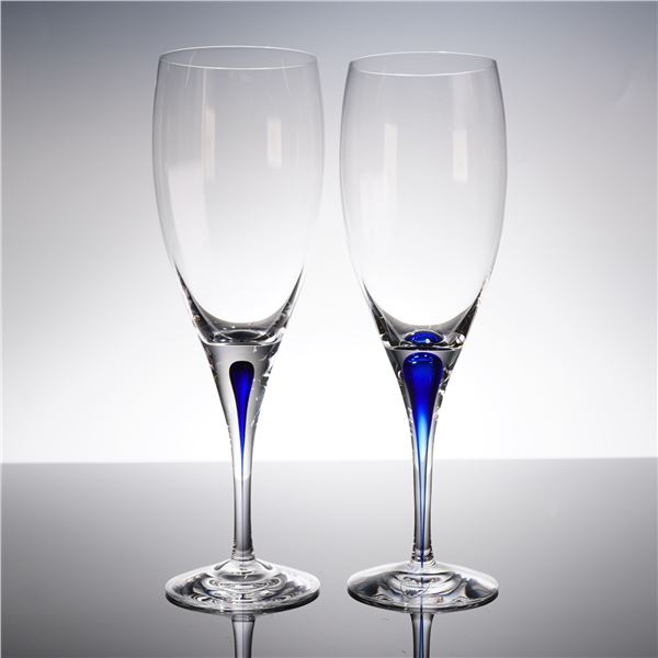 A Pair of Orrefors Intermezzo Blue Sparkling Wine Flutes