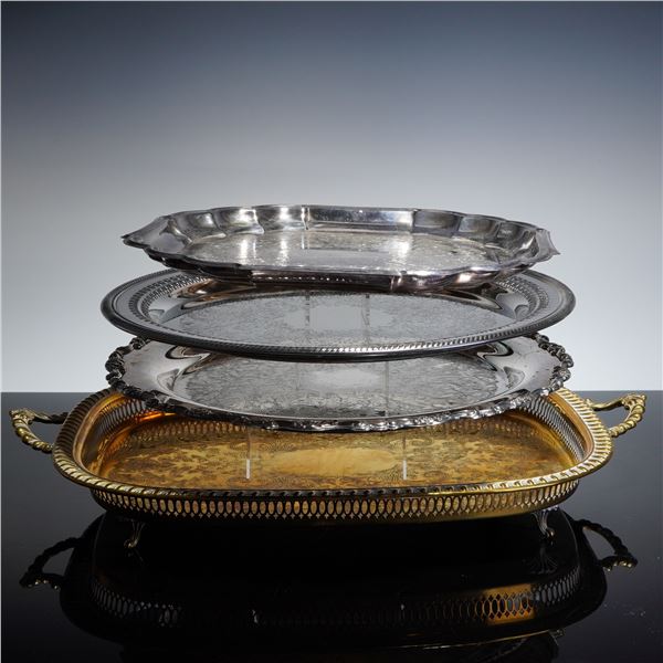 4pc Gorham, Oneida and Other Silver-Plated and Gilt Serving Trays