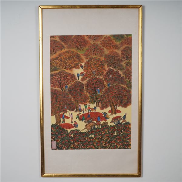 Original Chinese Gouache on Paper Painting, Pomegranate Harvest, Red Seal