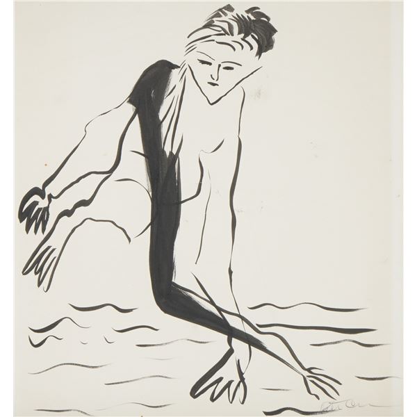 Original Black Ink Drawing on Paper, Figure in Motion, Signed