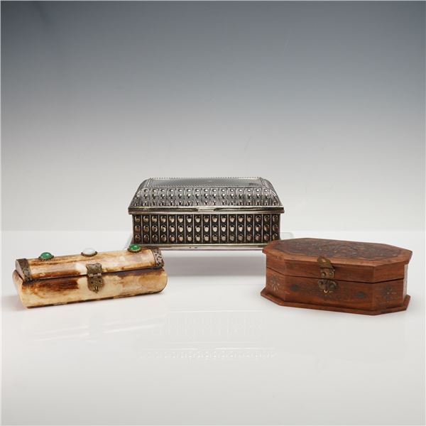 3pc Davco Silver-Plated, Wood, and Bone Decorative Boxes