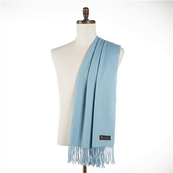 Cashmere Baby Blue Oversize Scarf w/ Fringe Edges, Made in England