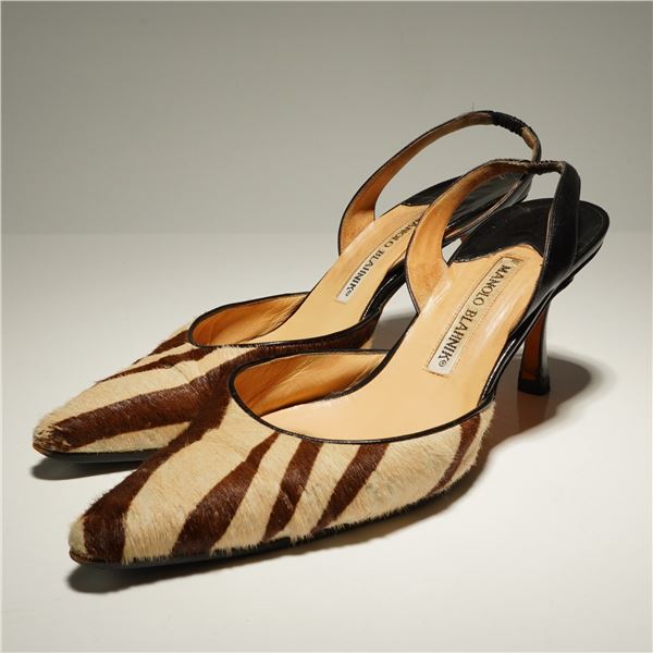 Pair of Manolo Blahnik Pony Hair Zebra Print Slingback Pumps