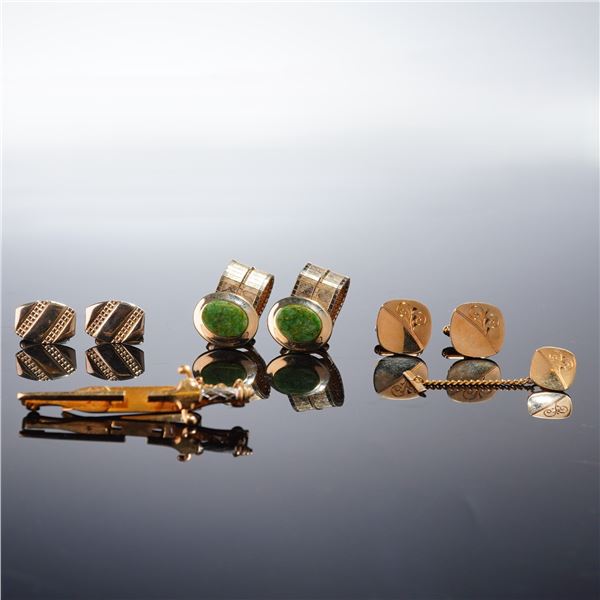 5pc Gold Toned Cuff Links, Tie Pin, and Tie Tack