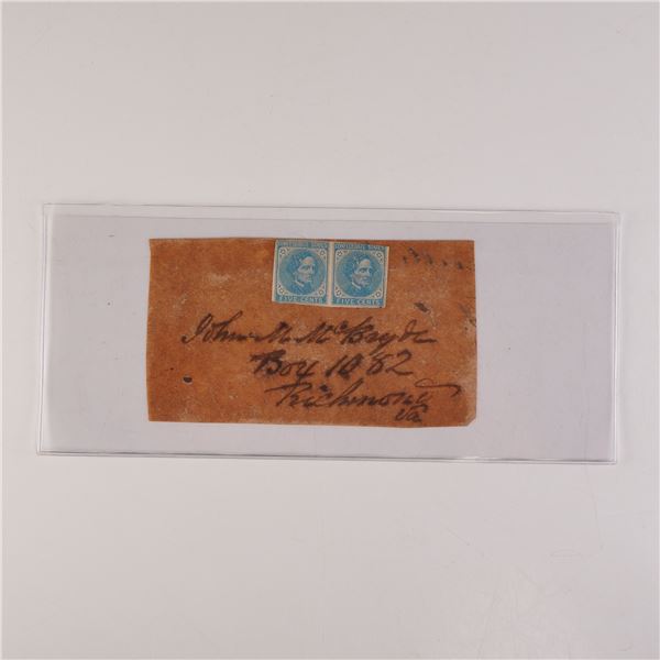 Confederate States Envelope with Pair of 5-Cent Blue Stamps, Richmond VA
