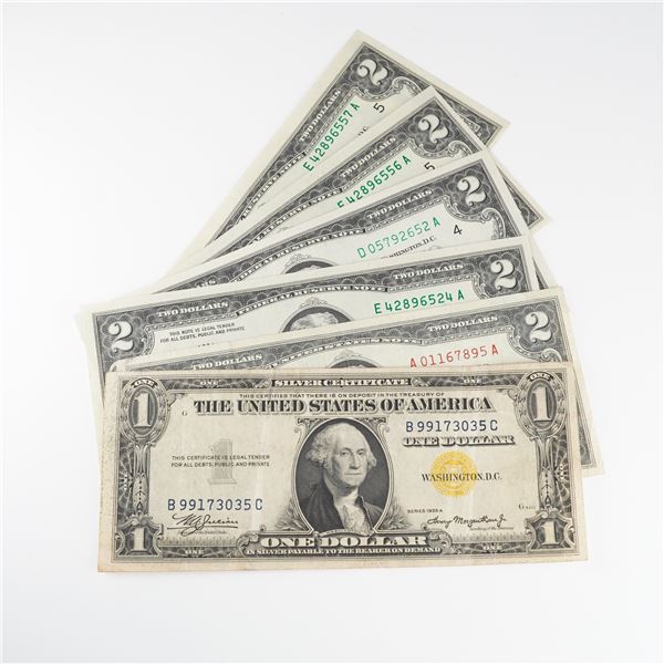 Collection of 1935, 1963, and 1976 US $1 and $2 Bank Notes