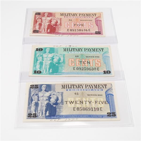 3pc Military Payment Certificates, Series 692- 5, 10 & 25 Cents