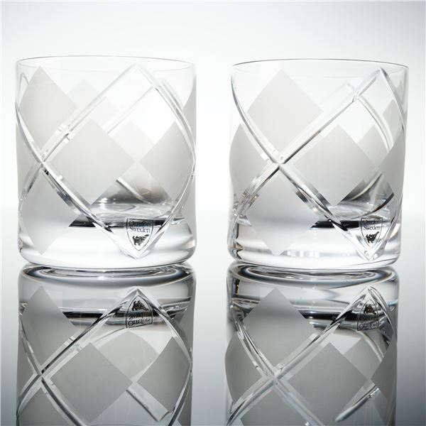 Pair of Orrefors Argyle Crystal Double Old Fashioned Glasses