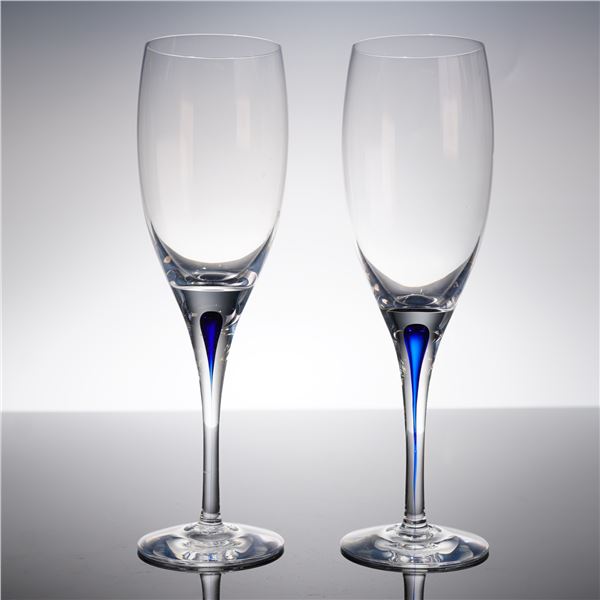 A Pair of Orrefors Intermezzo Blue White Wine Glasses