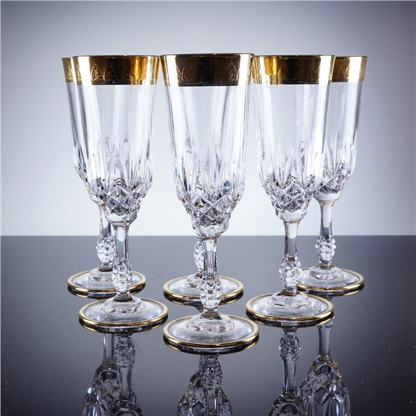 6pc Gold Rim Crystal Champagne Flutes