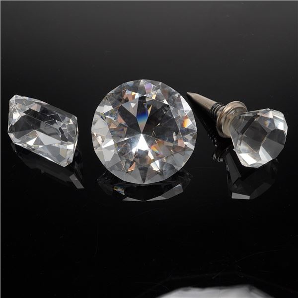 A Trio of Clear Faceted Crystal Diamond Paperweights and Bottle Stopper