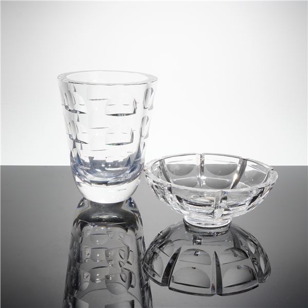 Pair of Orrefors by Simon Gate Tusen Fonster Crystal Vase and Bowl