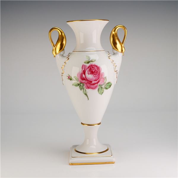 Alboth & Kaiser Porcelain Vase with Double Swan Handles, Moss Rose