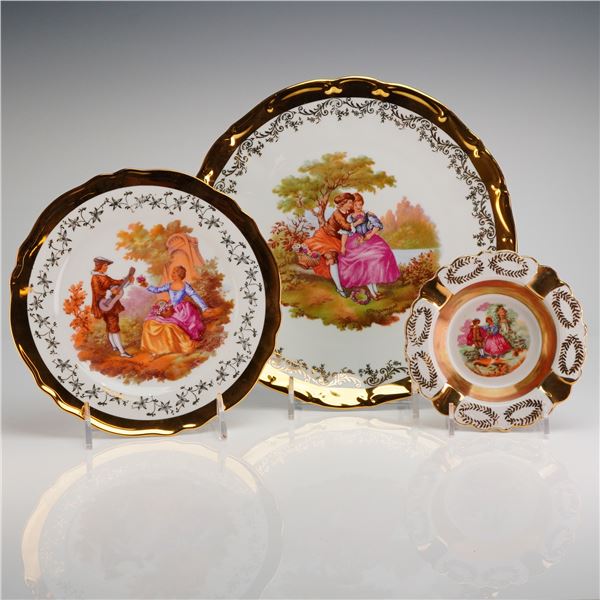 3pc German Porcelain Plates and Ashtray, Fragonard Courting Scene