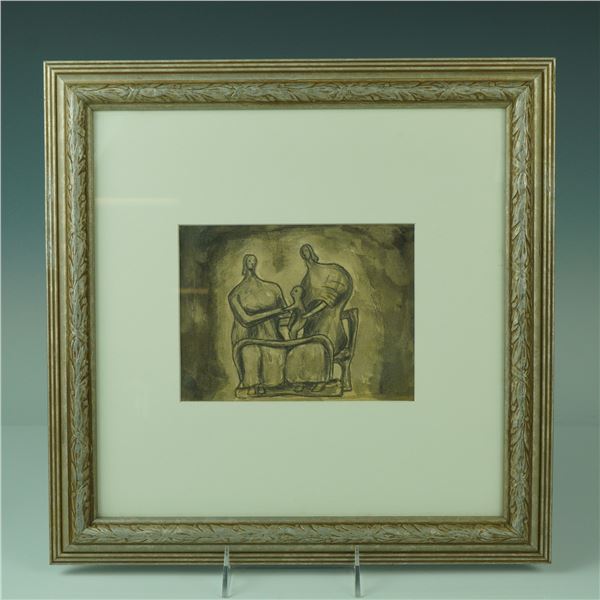 Modernist Watercolor and Graphite, Seated Figures with Child