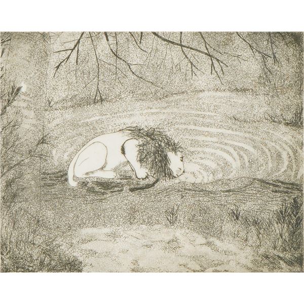 B. Smoler, Etching on Paper, Resting Lion by the Water, Signed