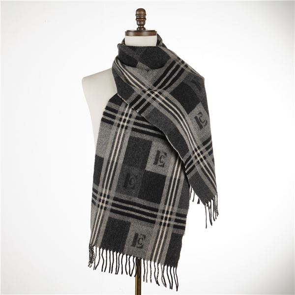 Classic Grey & Black Wool Plaid Oversize Scarf w/ Fringe Edges