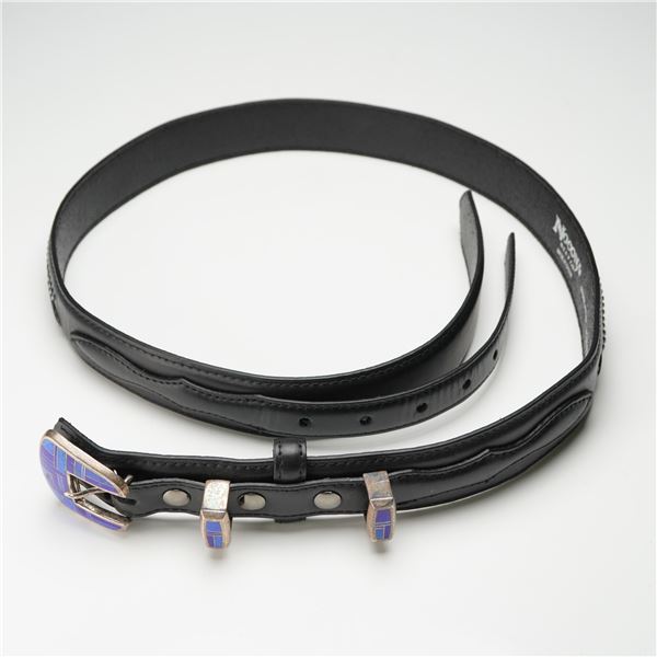Nocona Belt Co. Sterling Silver Mosaic Inlay Genuine Leather Ranger Belt