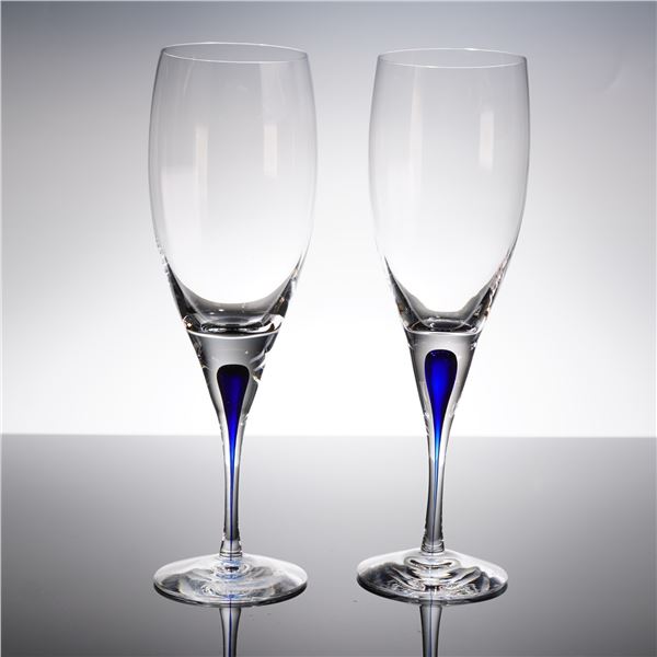A Pair of Orrefors Intermezzo Blue Champagne Flutes