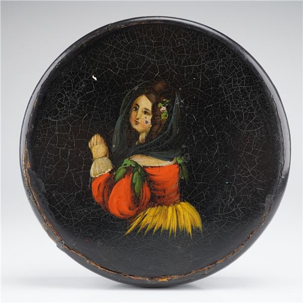 Victorian Lacquered Wood Snuff Box with Hand-Painted Miniature Portrait