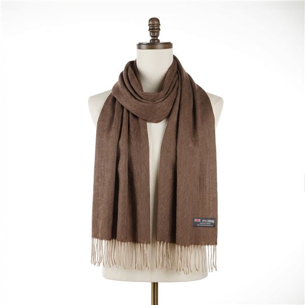 Cashmere & Wool Brown Herringbone Scarf w/ Fringes, Made in Scotland