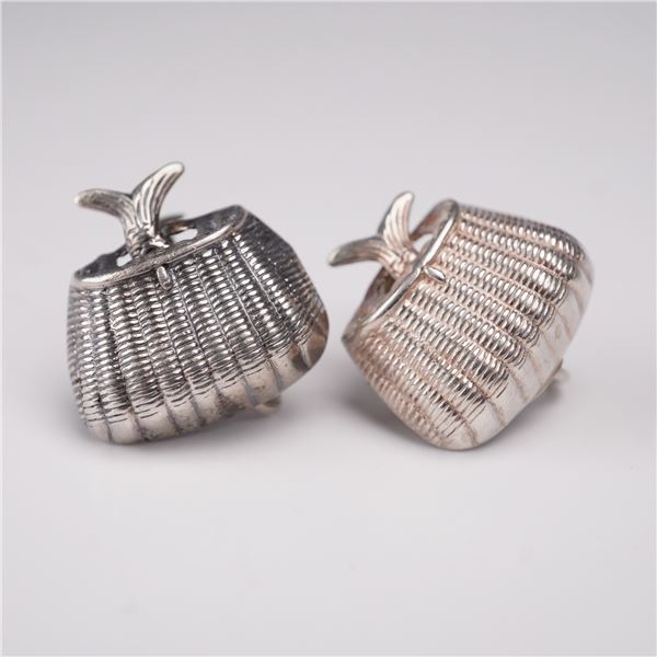 Pair of Sterling Silver Screwback Earrings, Fish in Basket Motif