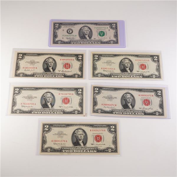 6pc 1953, 1963 U.S. Two Dollar Red Seal Notes & 1995 Green Seal Note