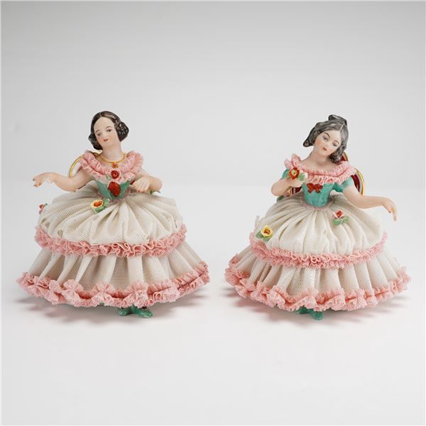 2pc Frankenthal Wessel Porcelain Lace Figurines