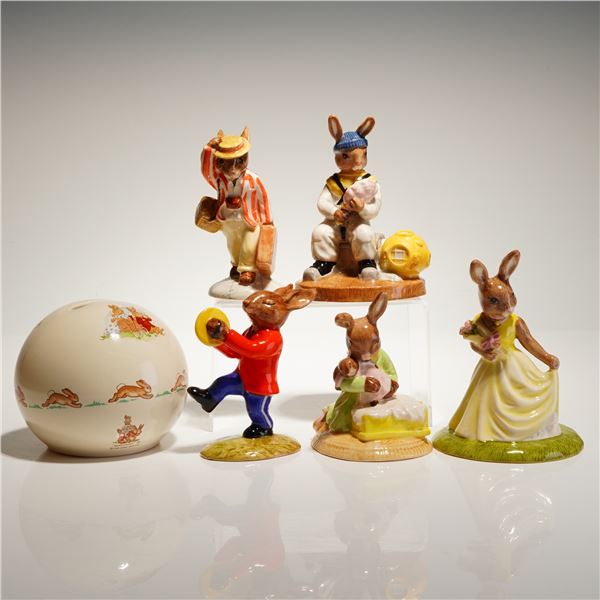 A Collection of Six Royal Doulton Bunnykins Figurines and Money Box