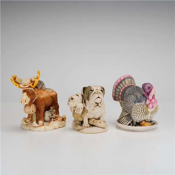 3pc Harmony Kingdom Box Figurines, Beer Nuts, Dead Ringer, & Gobblefest