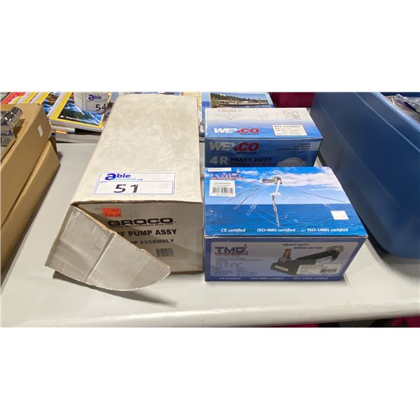 GROCO HF MARINE PUMP ASSEMBLY, TMG HEAVY DUTY WIPER MOTOR, & WEXCO MARINE HEAVY DUTY WIPER MOTOR