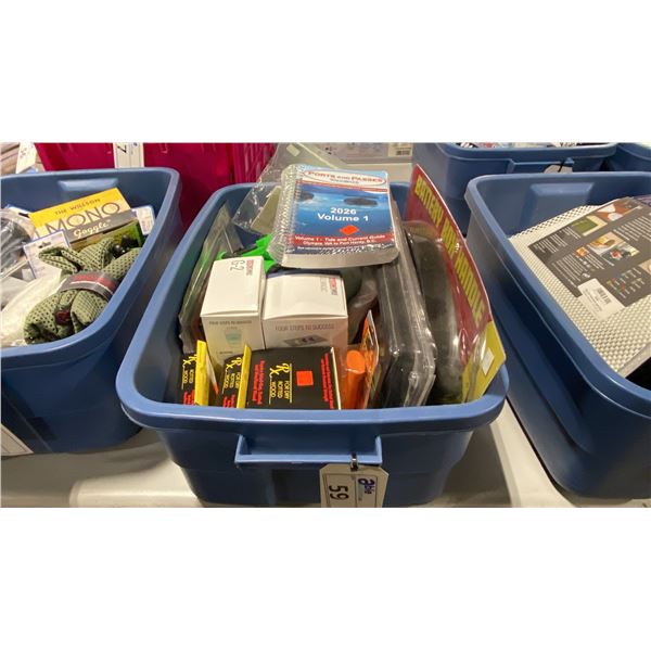 BLUE BIN OF ASSORTED COMMERCIAL MARINE RETAIL PRODUCTS, CHEMICALS, FLASHLIGHTS, & CURRENT GUIDES